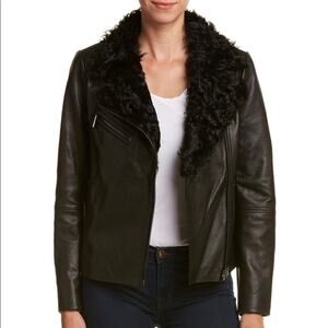 Badgley Mischka black  calf leather jacket with a black lamb shearling collar.